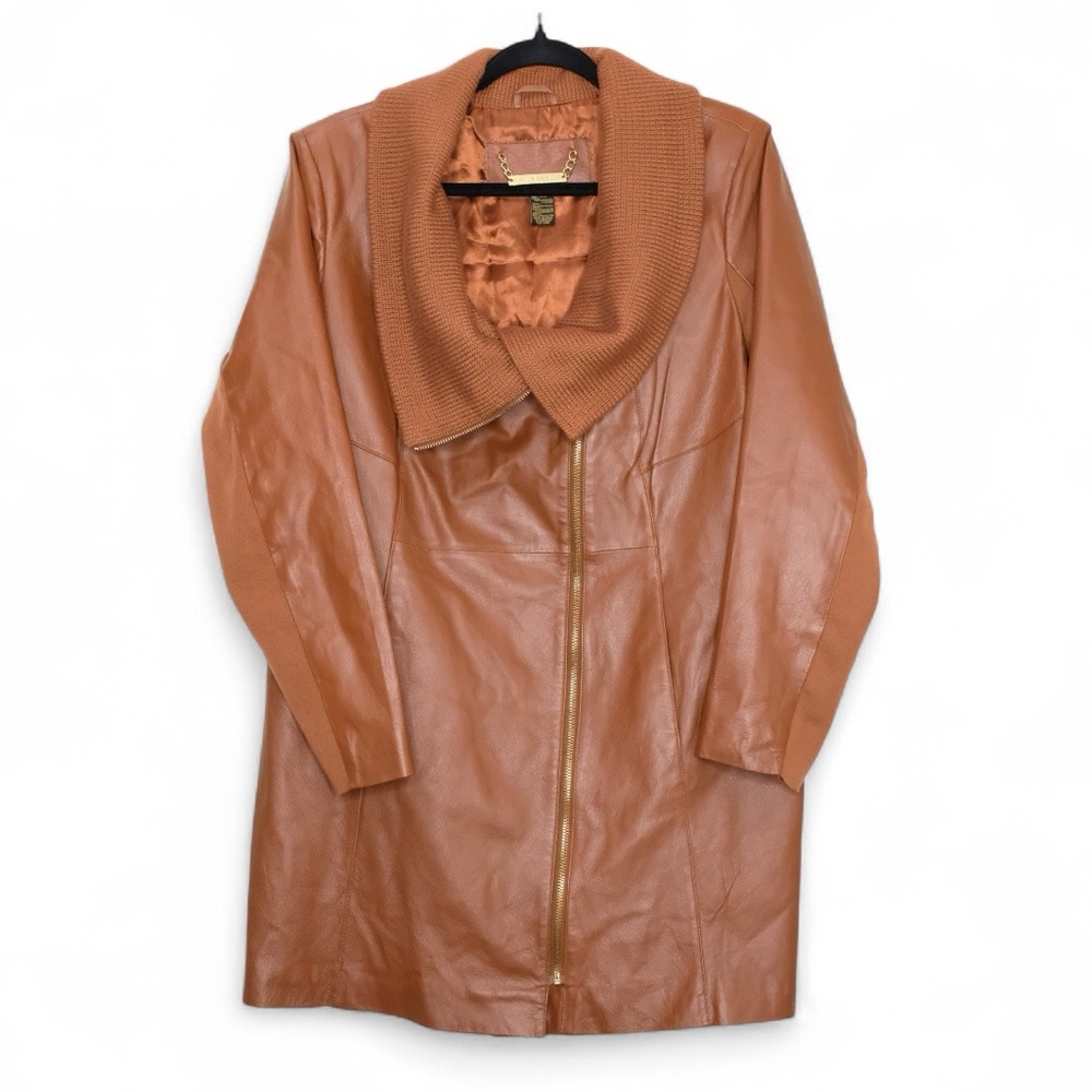 IMAN Tan Leather Jacket with Knit Collar
